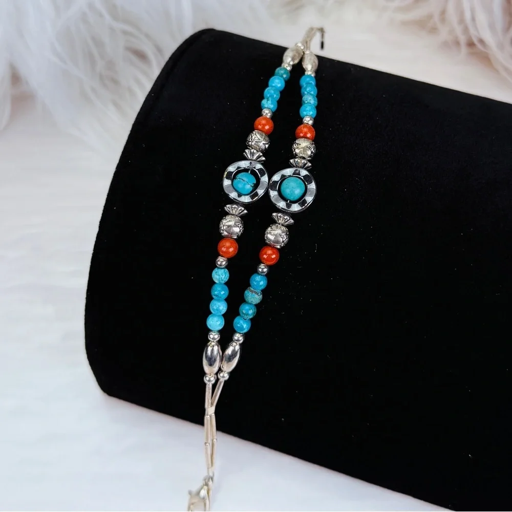 Bohemian southwestern two strand silver tone, handmade costume bracelet
